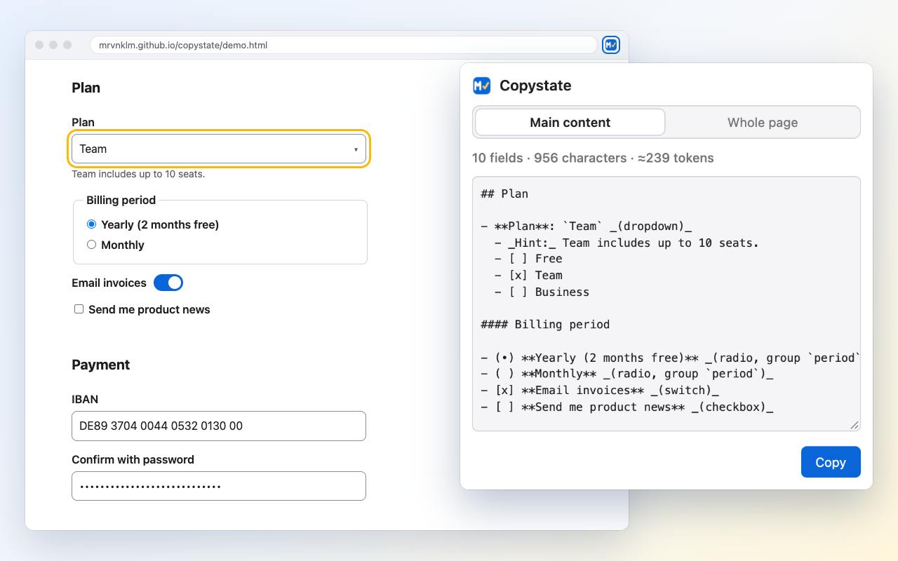 Copystate popup next to a settings form, listing the Plan dropdown with its options Free, Team and Business